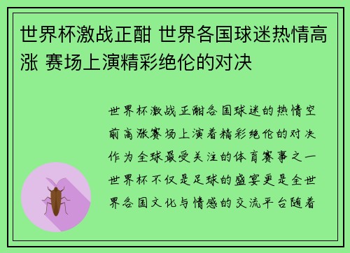 世界杯激战正酣 世界各国球迷热情高涨 赛场上演精彩绝伦的对决